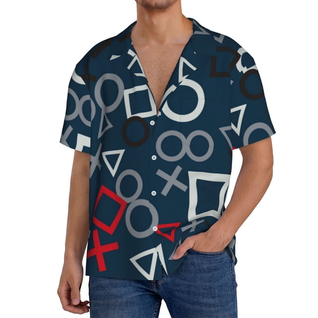 Fotbe Navy Blue Geometric Camisa Estampada de Manga Corta para Hombre, Casual de Verano, Estilo Playero, Sin Arrugas-4X-Large