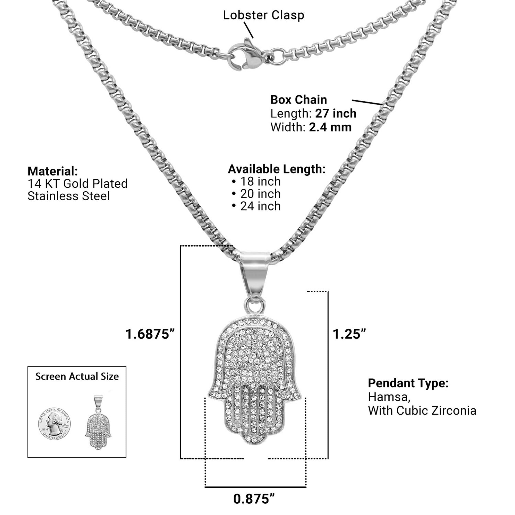 Beberlini Hamsa Cubic Zirconia Pendant Box Chain Necklace Set 14k Gold Plated Stainless Steel Men Fashion Jewelry 2 5 Mm 24 Walmart Com Walmart Com