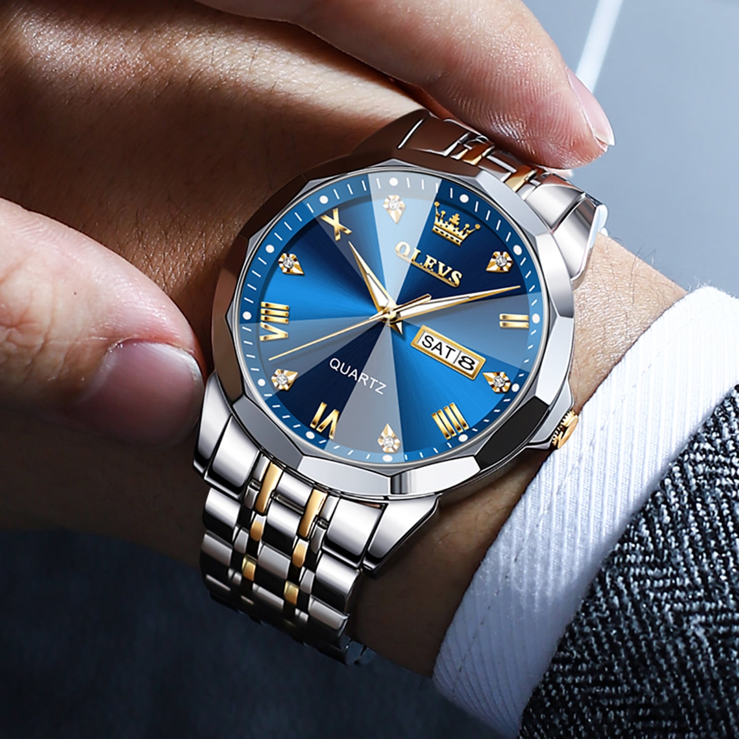 OLEVS 9931 New Business Quartz Watch for Men Dual Calendar Luxury Diamond Dial Waterproof Stainless Steel Strap Men Wristwatch