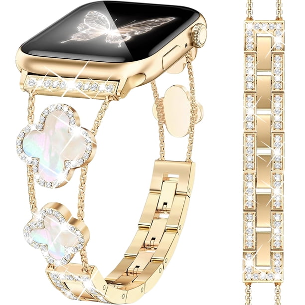 Correa para Apple Watch MOINSPIRE Bling Diamond Clover para mujer, dorada
