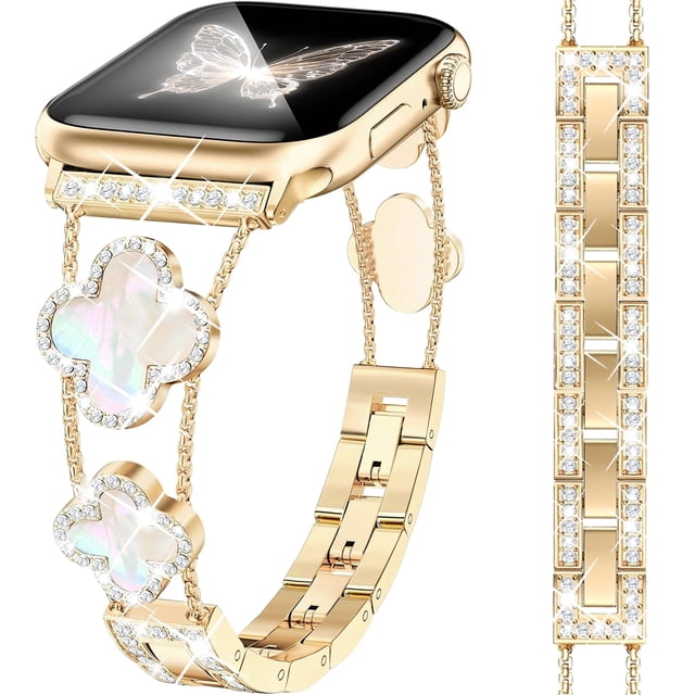 Correa para Apple Watch MOINSPIRE Bling Diamond Clover para mujer, dorada