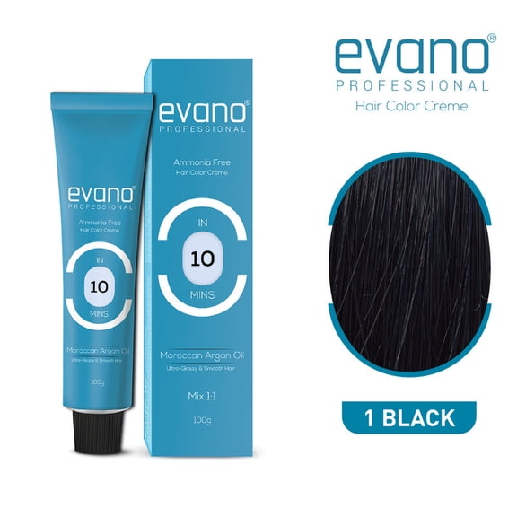 Evano 10 Minute Permanent Hair Color, Ammonia-Free, Salon-Quality, Ultra Glossy & Smooth Hair, 100% Grey Coverage, Black, 3.50 oz