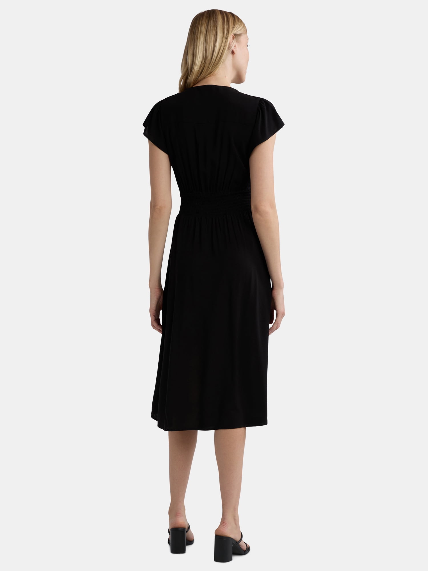 Time and Tru Women's and Women's Plus Smocked Waist Midi Dress with Short Sleeves, Sizes XS-4X