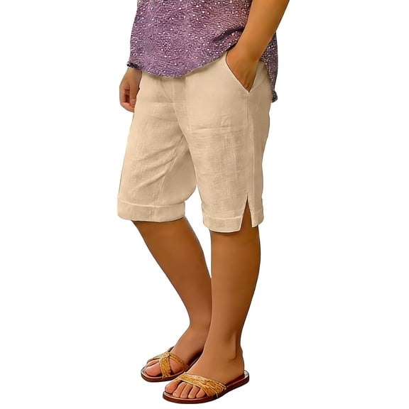 Kids Girls Solid Color Linen Shorts Knee Length Preppy Style Casual Loose Fit Adjustable Waist Beach Bottoms for Summer Wear Beige 4 Years-5 Years