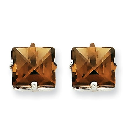 14k Gold Smokey Quartz Earrings - 14k White Gold Princess 4 Prong 8mm Checker Cut Smoky Quartz Post Stud Earrings Gemstone Gifts For Women For Her