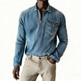 thumbnail image 5 of Kakii Men's Vintage Washed Denim Shirt Jacket, Half Zip Collared Top with Distressed Finish & Chest Pocket, Retro Workwear Style, 5 of 5