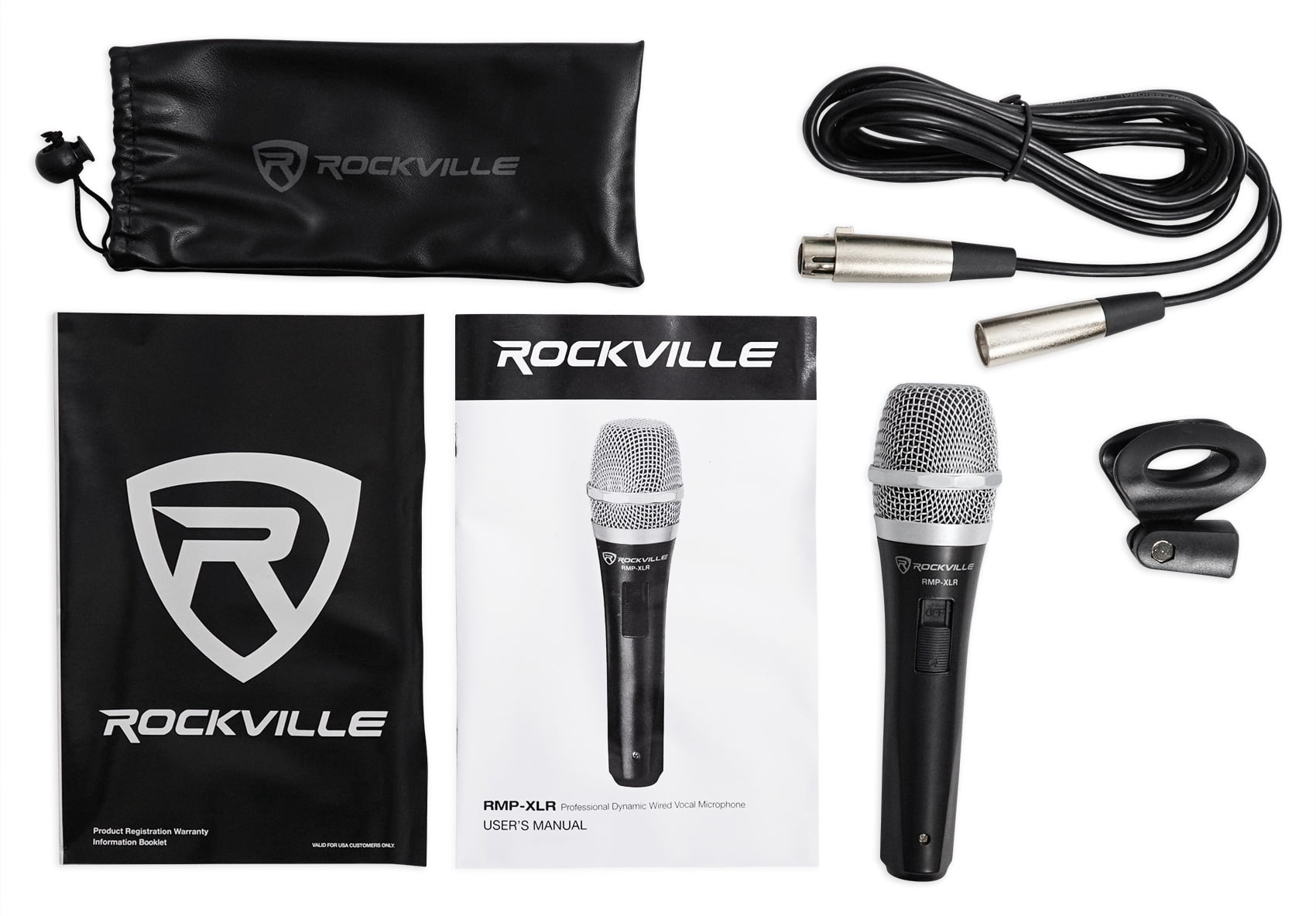 2 Rockville RMP-XLR Dynamic Cardioid Pro Microphones + 10' XLR Cables+2 Clips