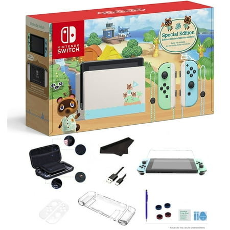 Nintendo Switch Console, Animal Crossing: New Horizons Edition Gaming Console, Green and Blue Joy-Con, 32GB Internal + Extra External 64GB Storage, and Ultimate 18-in-1 Case