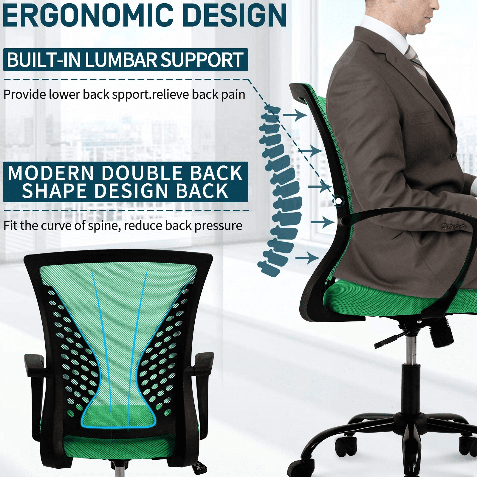 NiamVelo Ergonomic Office Chair Mid Back Mesh Desk Chair Adjustable Computer Chair with Lumbar Support & Armrest, Green