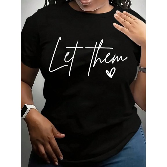 Women's Let Them Heart Print Casual T-Shirt - Short Sleeve Crew Neck Relaxed Fit Top, Medium Stretch Machine-Washable Fabric For Spring Summer Fall, Casual Attire, Mediumstretch Material