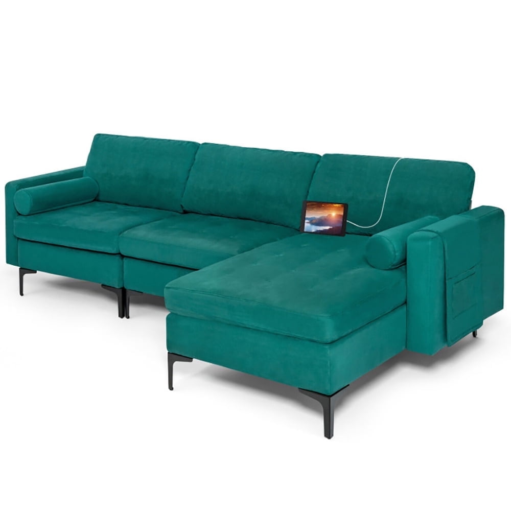 Demi Bonn L-shaped Sectional Sofa Couch, Modular L-shaped 3-Seat Sectional Sofa with Reversible Chaise and 2 USB Ports, for Living Room, Teal
