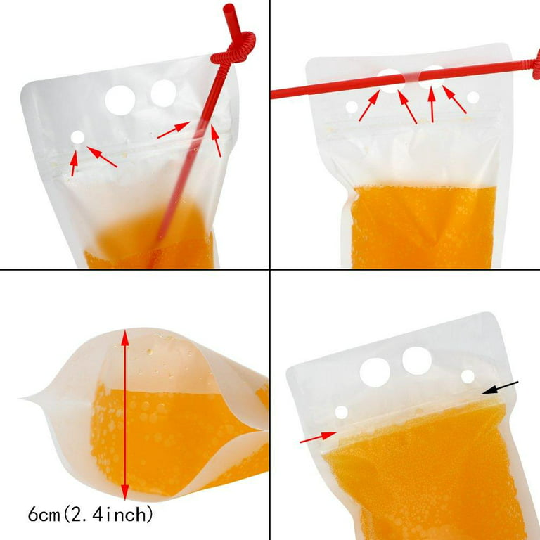 Tomnk 200pcs Clear Drink Pouches Bags Smoothie Bags Reclosable Zipper Heavy  Duty Hand-held Translucent Stand-up Plastic Pouches Bags Drinking Bags 2.4  Inches Bottom Gusset with 200pcs Stra 