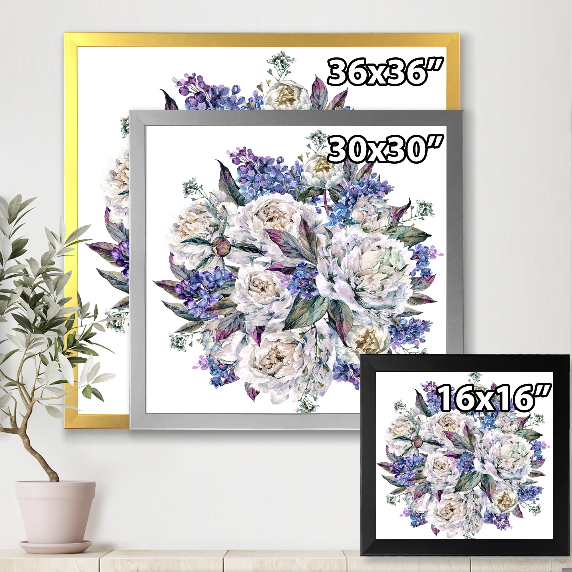 Designart 'Bouquet Peonies In Blue and White' Traditional Framed Art Print