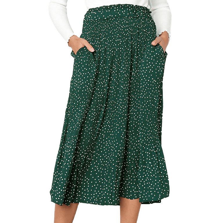 Fantaslook Midi Pleated Skirts for Women Polka Dot Swing High Waist Maxi Skirt with Pockets Dresses
