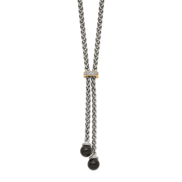 Sterling Silver Deux Tons en Argent And Plaqué Or Argent Sterling W / Onyx & Diamant Collier Lariat