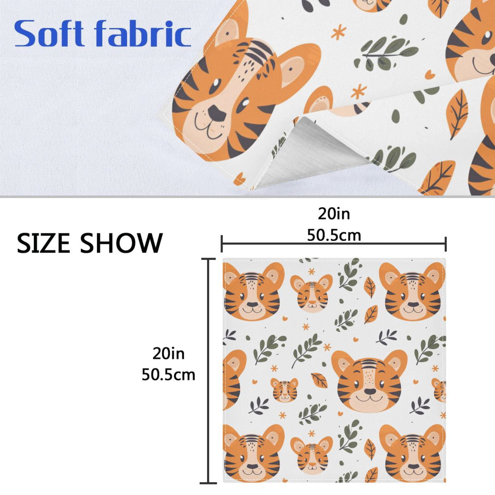 JSTEL Cute Tiger Leaves Cartoon Cloth Napkins Set of 6, 20x20 Inch Washable and Reusable Napkin for Decoupage Dinner Party Everyday Use