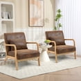 thumbnail image 6 of PAPROOS Accent Chair Set of 2, Mid-Century Modern Armchair with Solid Wood Frame and Pillow, PU Leather Upholstered Reading Chair for Living Room Bedroom, Brown, 6 of 10