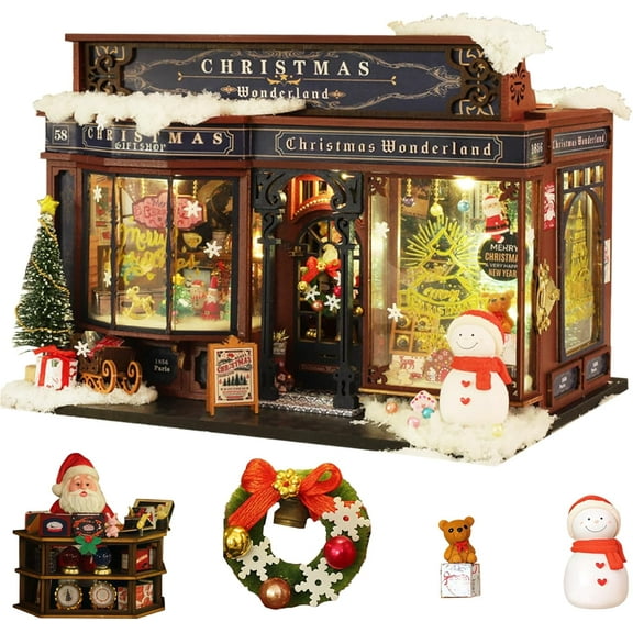 Christmas Miniature Dollhouse Kit, DIY Mini House Building Kits for Adults to Building Book Nook Kit, 3D Wooden Puzzles Bookshelf Decor for Family Lovers