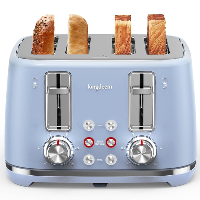 LONGDEEM Grille-Pain 4 Tranches, Acier Inoxydable Style Rétro, Fente Large Grille-Pain à Bagels, Commandes Indépendantes Doubles, Plateau Ramasse-Miettes Amovible, Facile à Nettoyer, 6 Réglages de Brunissage, Réchauffage et Décongélation, Bleu