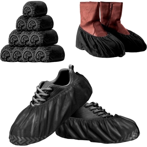 Blue Shoe Guys Protective Boot & Shoe Covers Disposable, Durable, Non-Slip, Non-Toxic, Water Resistant, Recyclable, Black, Large Size Fits Most Shoes, 100 Count