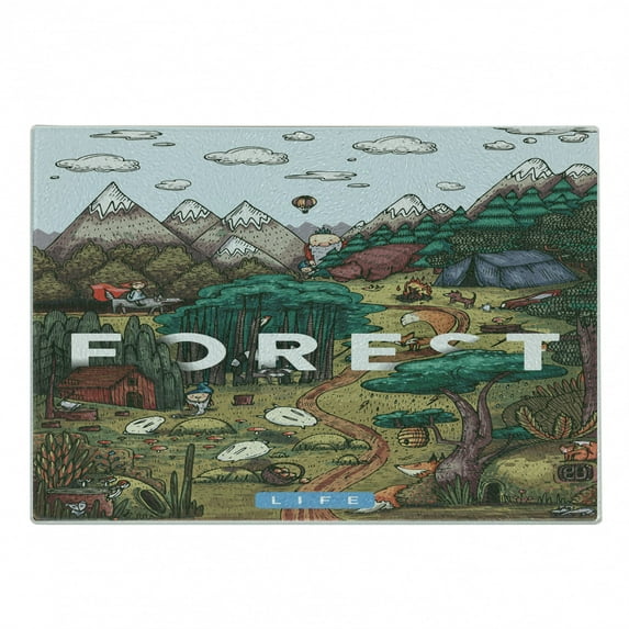 Nature Cutting Board, Mountain Range Valley with Forest Typography and Trees Mother Earth Cartoon Graphic, Decorative Tempered Glass Cutting and Serving Board, Small Size, Multicolor, by Ambesonne