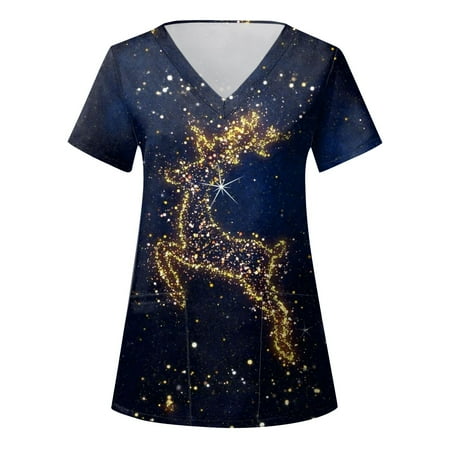 

TAIAOJING Women Scrubs Top Workwear Casual Christmas Print Short Sleeve Pocket Loose Caring Workwear