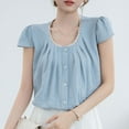 thumbnail image 4 of Olyvenn Cap Short Sleeve Shirts Women Button Down Crew Neck Babydoll Tops Summer Flowy Stylish Peplum Blouse Blue L, 4 of 8
