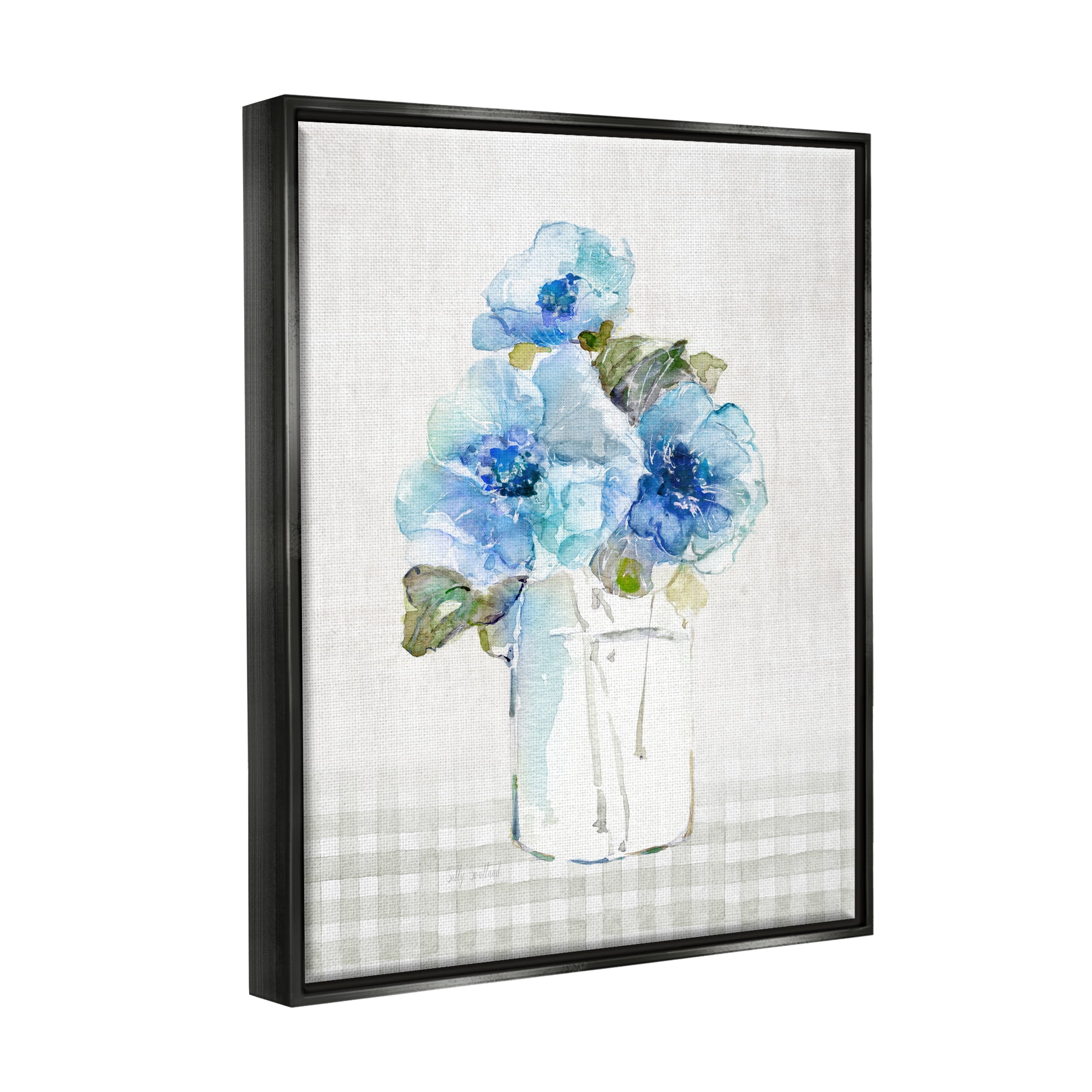 Stupell Industries Blue Flowers on Tartan Botanical & Floral Painting Black Floater Framed Canvas Art Print Wall Art, 25 x 31