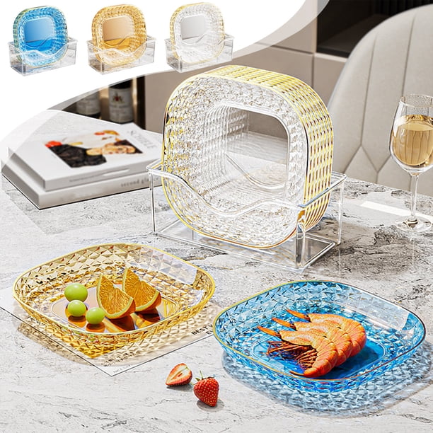 Juego de 4 bandejas de plástico para servir | Platos ligeros reutilizables para fiestas, cocina o acampada | Plástico duradero de grado alimenticio | Diseño apilable | 14,5x14,5cm | Azul Dorado Claro