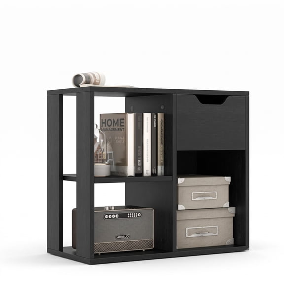 Furnibear 3-Cube Bookcase with Drawer, 2-Tier Wooden Storage Shelf Organizer, Freestanding Display Bookshelf for Living Room Bedroom Home Office, Engineered Wood, Black