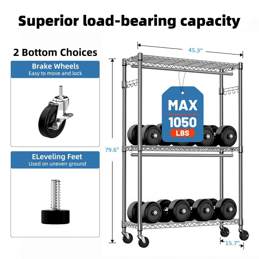 Heavy Duty Rolling Garment Rack, 3-Tier Adjustable Wire Shelving Clothes Rack with 2 Hanging Rods, Side Hooks & Wheels, Chrome