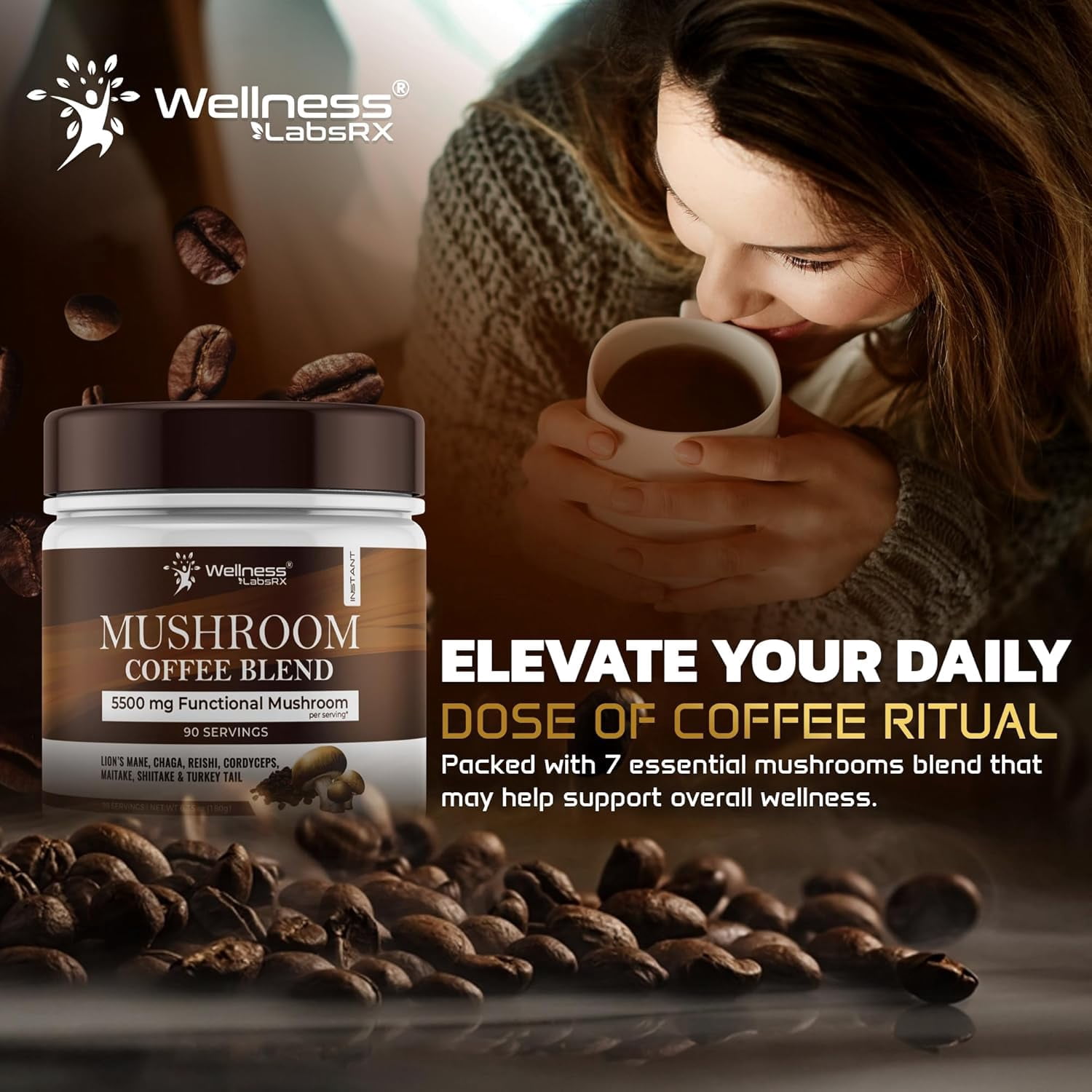 Wellness LabsRx Mushroom Coffee Blend 5500mg with 7 Mushroom Varieties, 180g