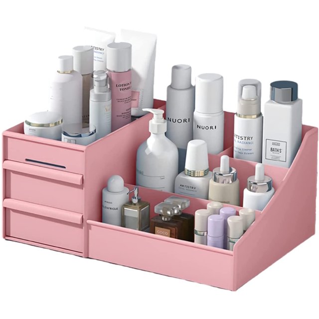 Organizador de caja de almacenamiento de cosméticos para escritorio de maquillaje con cajones para tocador, encimera de tocador, mostrador de baño, elegante soporte para cepillos - ROSA