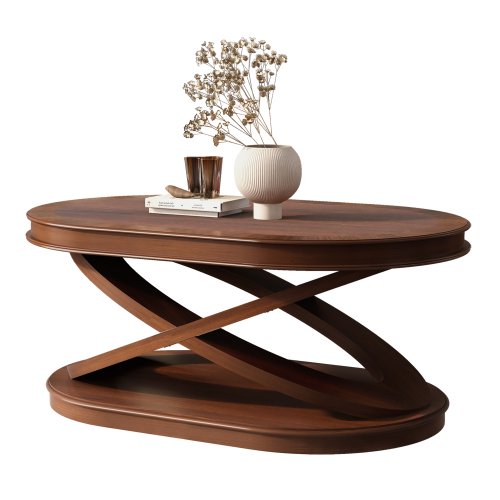 Mesa de café oval de madera de 44 pulgadas con base en forma de X, Mesa de cóctel con almacenamiento abierto, Mesa del centro del sofá para la sala de estar