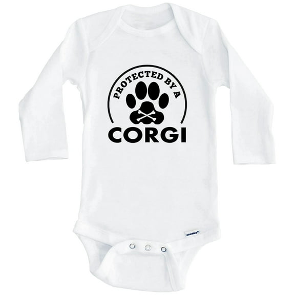 Protected By A Corgi Funny One Piece Baby Bodysuit (Long Sleeve), 0-3 Months White