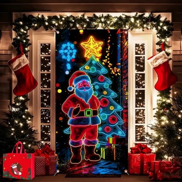 Fan-Favorite Christmas UV Fluorescent Door Cover - Glow-in-the-Dark Background Decor, Durable Fabric Weather-Resistant Door Width Decor for Home Entryway, Party & Holiday Displays, U