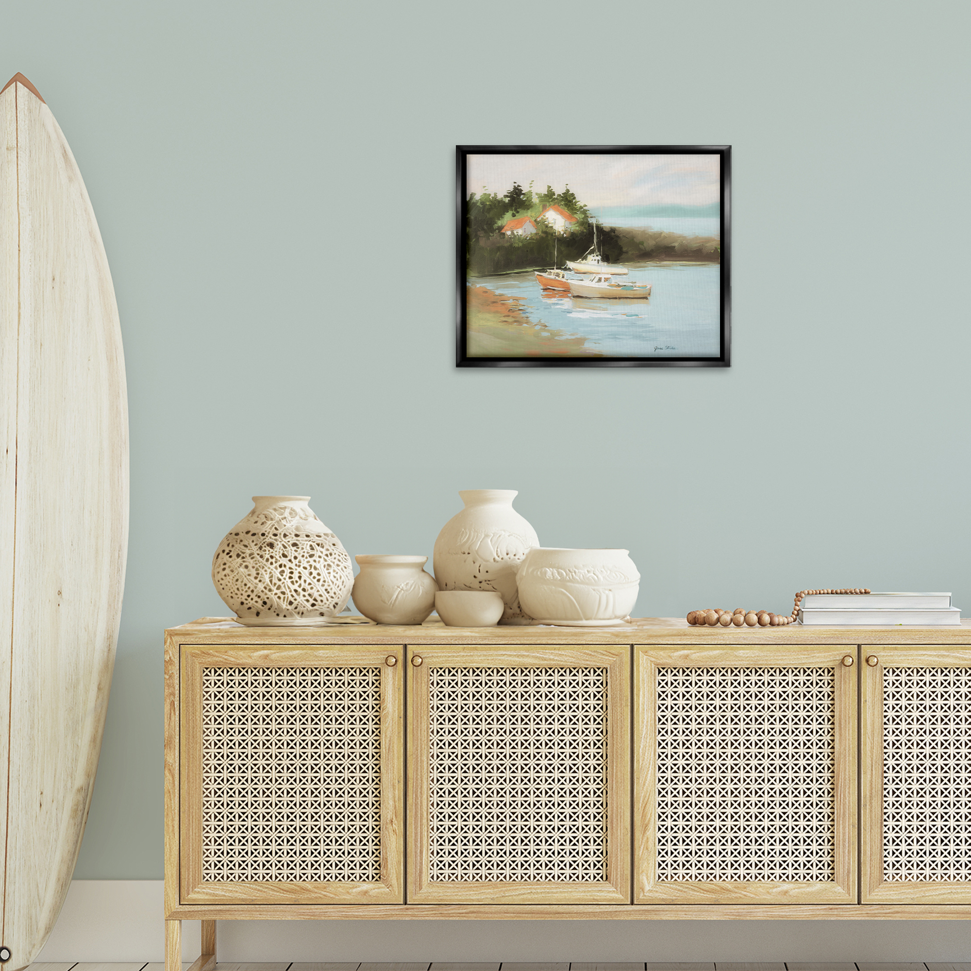 Stupell Industries Calm Boat Harbor Coastal Painting Black Floater Framed Canvas Art Print Wall Art, 21 x 17