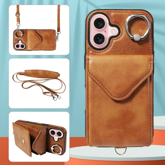 Allytechgroup iPhone 17 Wallet Case, Premium PU Leather Back Cover with Cards Slots Shoulder Strap Ring Holder Kickstand Shockproof Shell Case for Apple iPhone 17, Brown