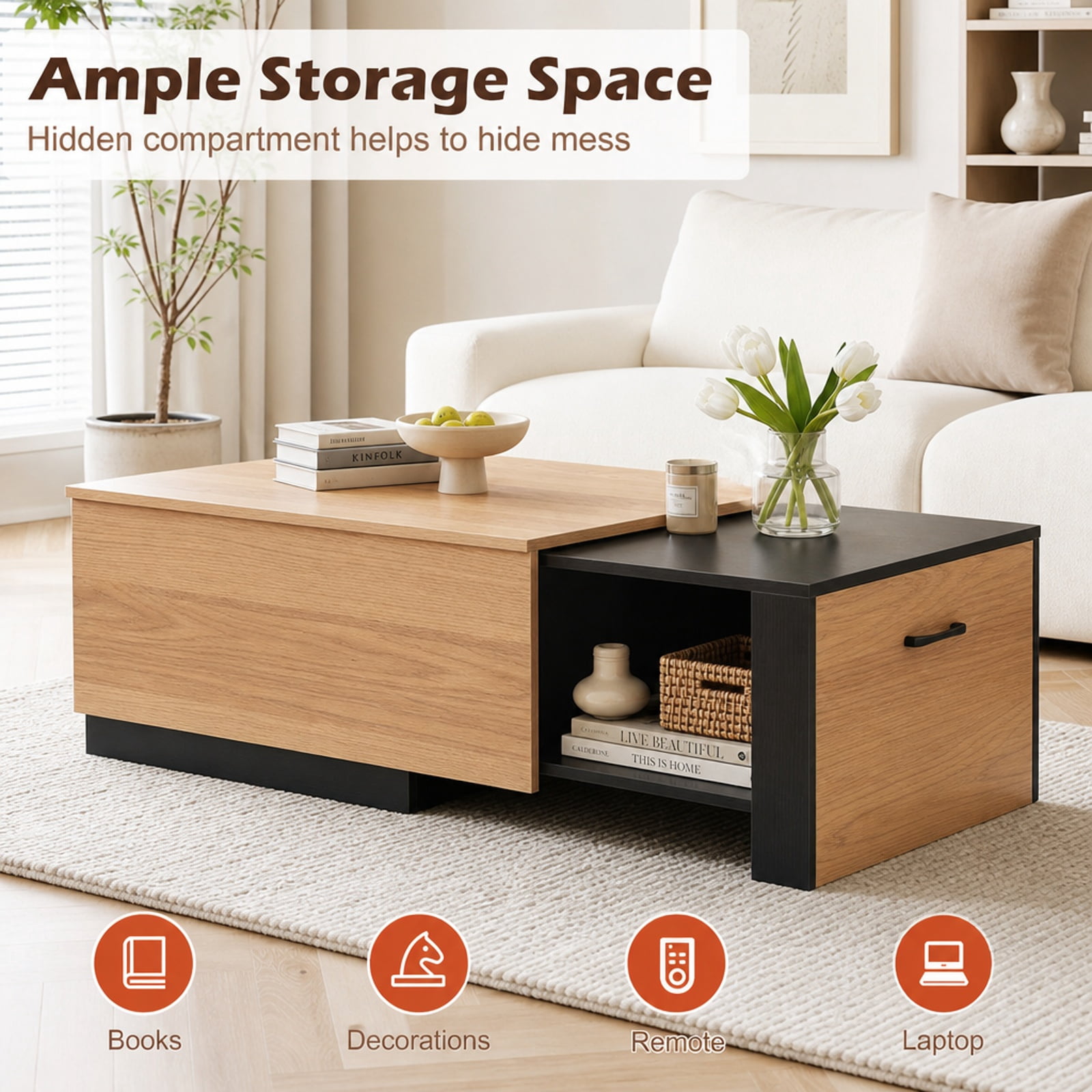 Furnibear Extendable 2-Tier Coffee Table with Concealed Storage Compartment and Bottom Shelf for Living Room and Small Space, Natural