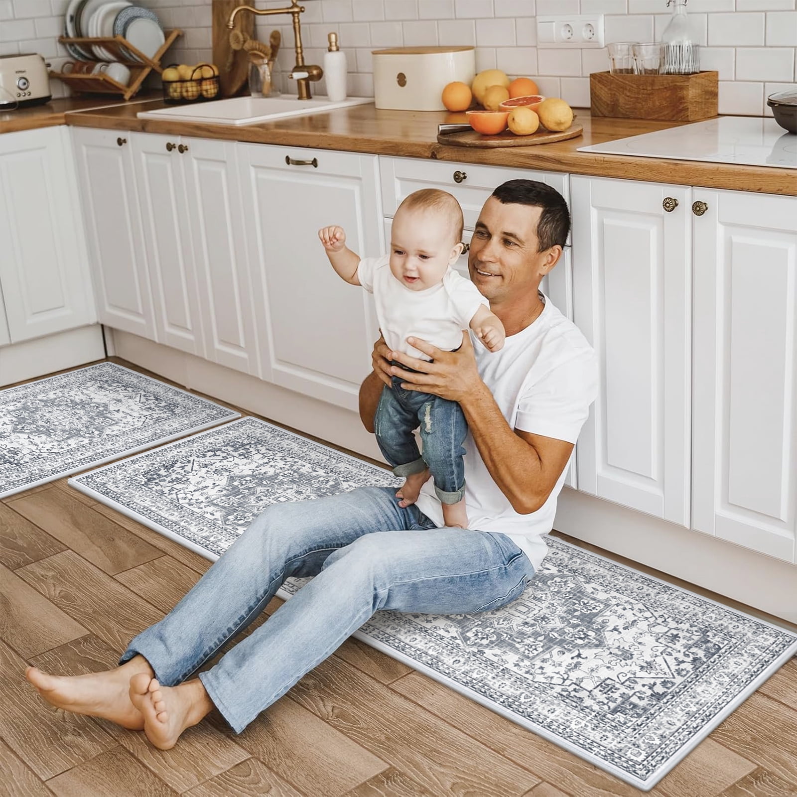Findosom 3pcs Kitchen Rugs Set,Washable Boho Farmhouse Kitchen Mats for Floor,Non Slip Kitchen Floor Mat Carpet Runner Rugs for Entryway Hallway Laundry Home Decor 20"x32"+20"x47"+20"x59" Gray