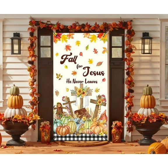 jopioc Fall for Jesus Door Cover He Never Leaves Banner Autumn Christian Religion Photography Backdrop for Fall Harvest Thanksgiving Friendsgiving Party Decorations Supplies ( 35.4 x 70.8 inches)