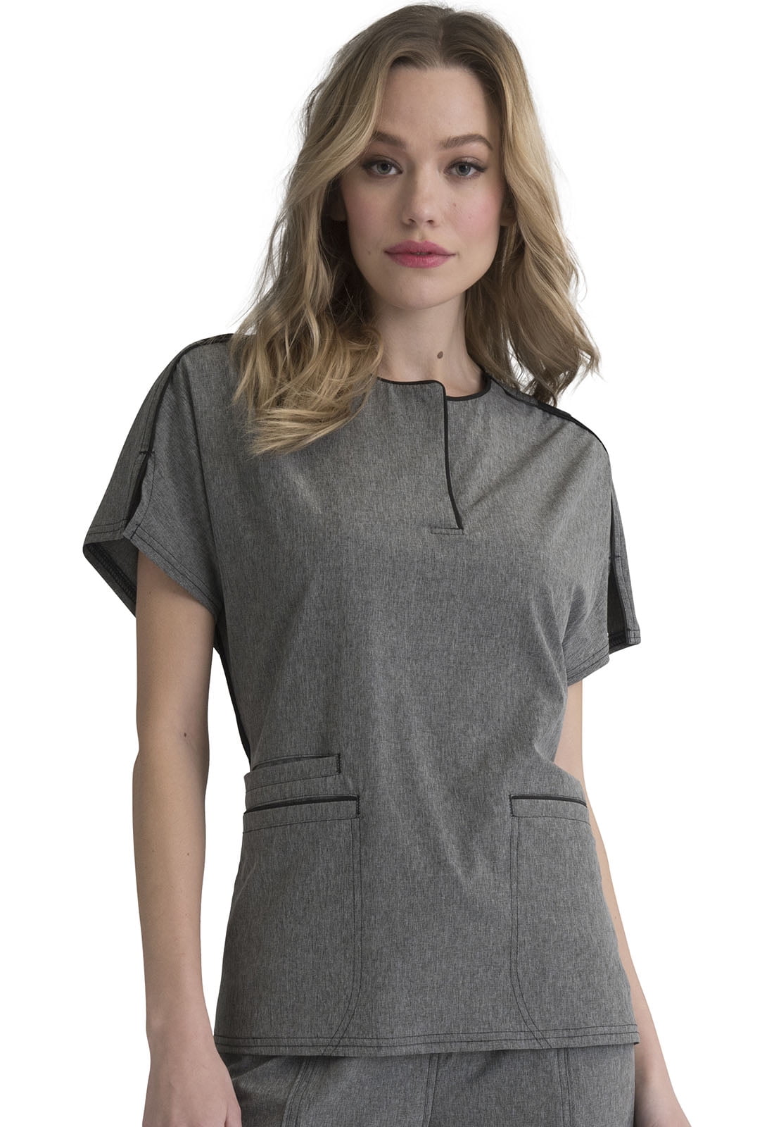 Elle Elle Scrubs Top for Women Round Neck EL613, XXS, Heather Grey