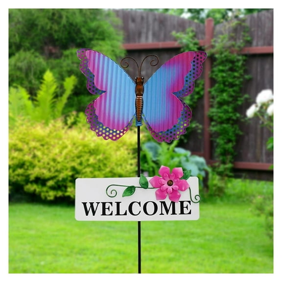 Metal Garden Stakes Welcome Sign Decorative Plant Stake Spring Decor Lawn Art Yard Patio Backyard Pathway Ornaments Indoor Outdoor Decoration () Butterfly