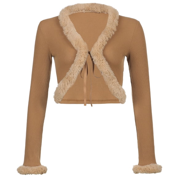 Hxshgdsn Women Long Sleeve Cardigan Deep V Neck Tie Up Solid Crop Knitted Sweaters Tops With Fur Trim Brown L