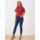 thumbnail image 2 of Blusa Corta Manga Acampanada Ojo De Cerradura En La Espalda Plisado Cuello Alto Lunares Top Para Mujer Rojo S, 2 of 6