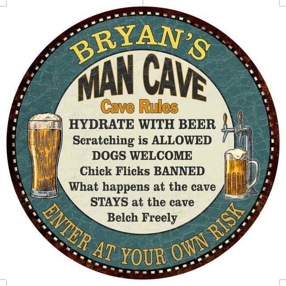 BRYAN'S Man Cave Rules 12" Round Metal Sign Garage Wall Decor 200120009133