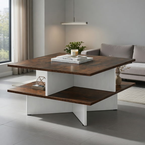 Resenkos Square 2-Tier Coffee Table with 4 Built-In Storage Compartments, Rustic Brown