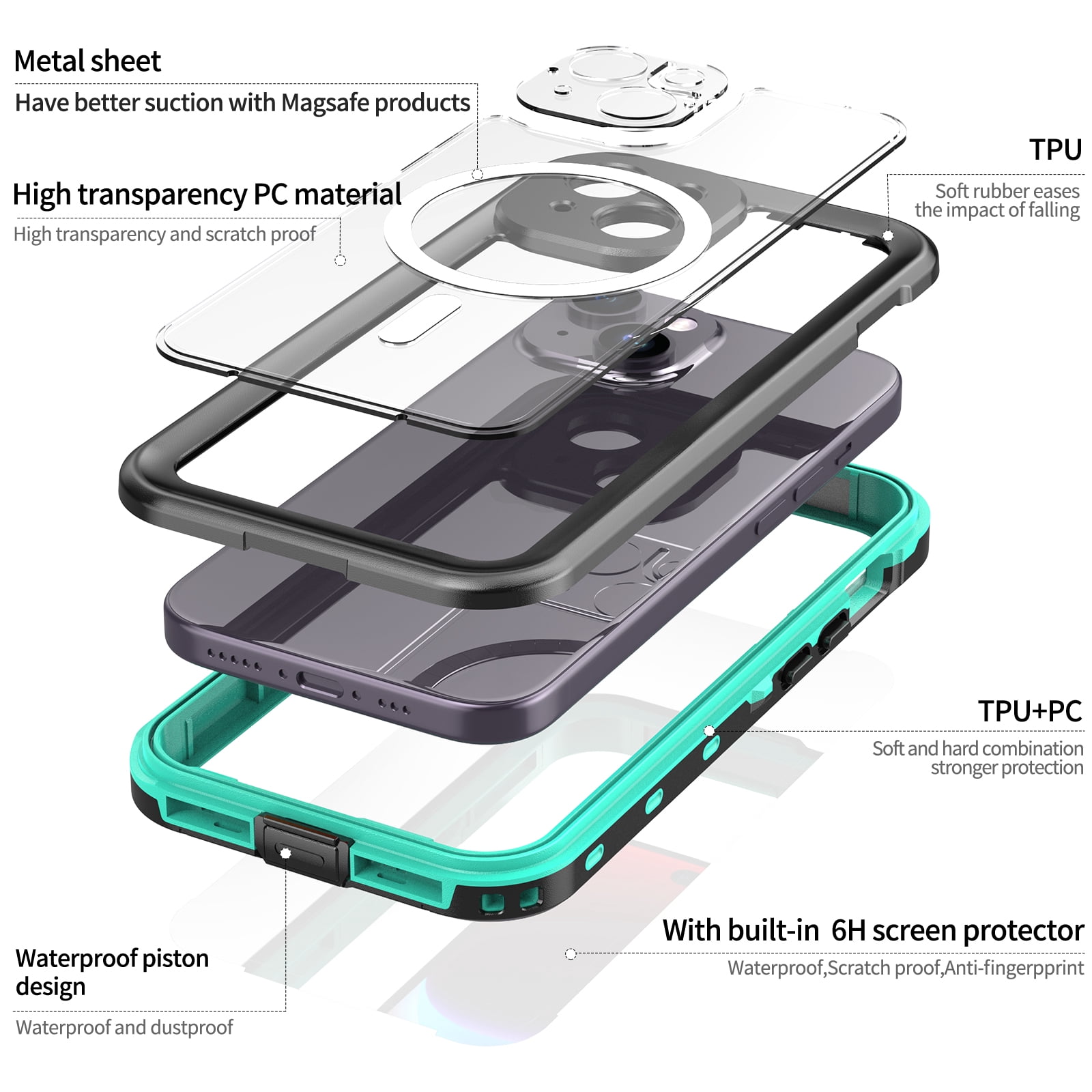 Allytechgroup Waterproof Case for iPhone 15, Full Body Protection Built-in Screen Protector MagSafe Wireless Charging Dustproof Shockproof Cover Case with Transparent PC, Grassblue