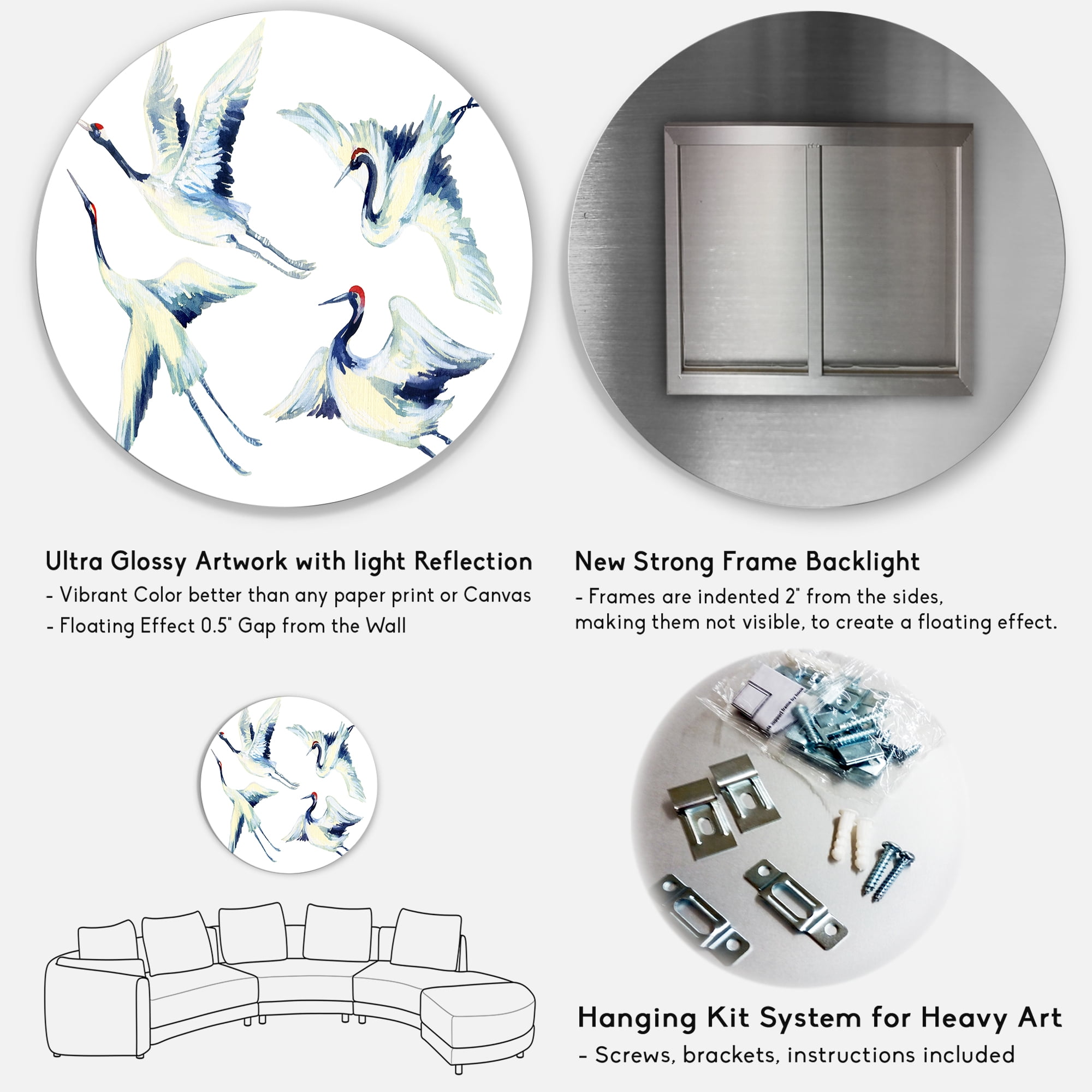 Designart 'Asian Crane Bird Impression II' Traditional Circle Metal Wall Art 23x23 - Disc of 23