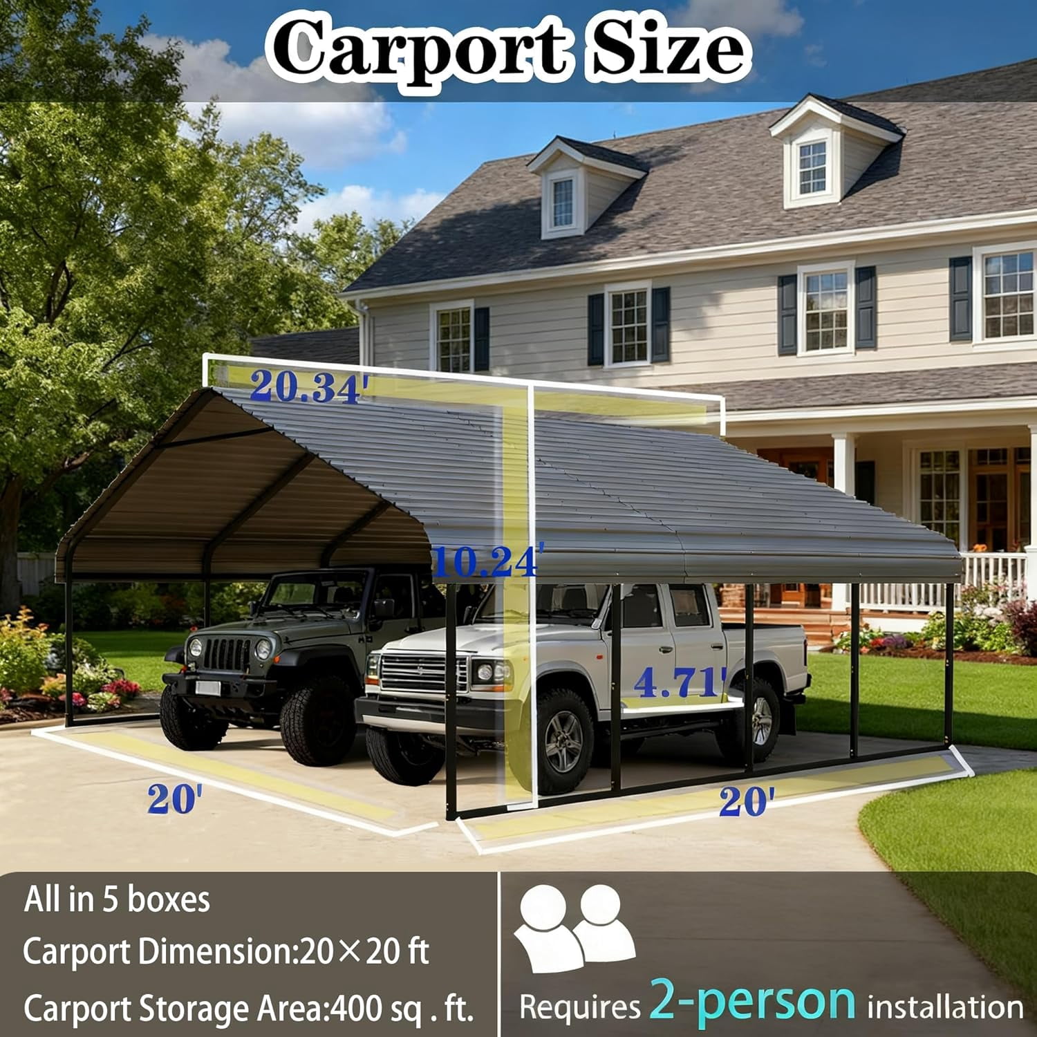 20x20 FT Heavy Duty Galvanized Steel Carport – Vertical Roof, All-Weather Outdoor Garage Shelter for 2 Cars, RV, Boat, Tractor & Dual Vehicle Storage
